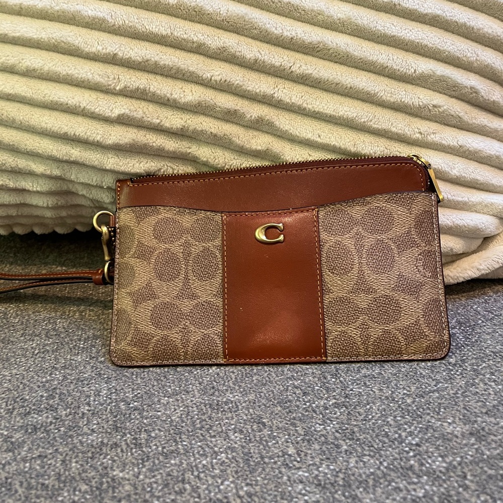 Coach Signature Brown and Tan Wristlet
